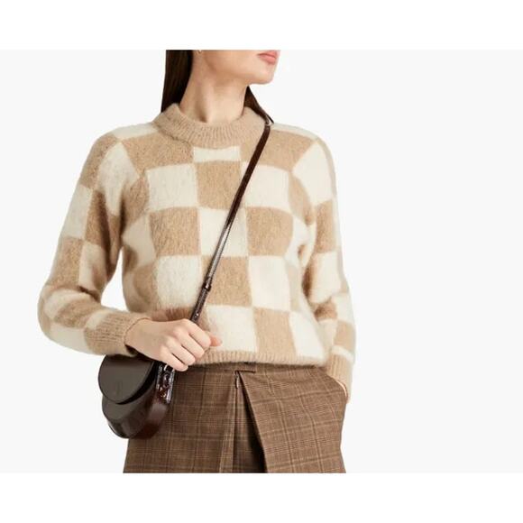 SANDRO Damier Checkerboard Mohair Blend Sweater In Beige size 3 L $370 - Picture 1 of 6